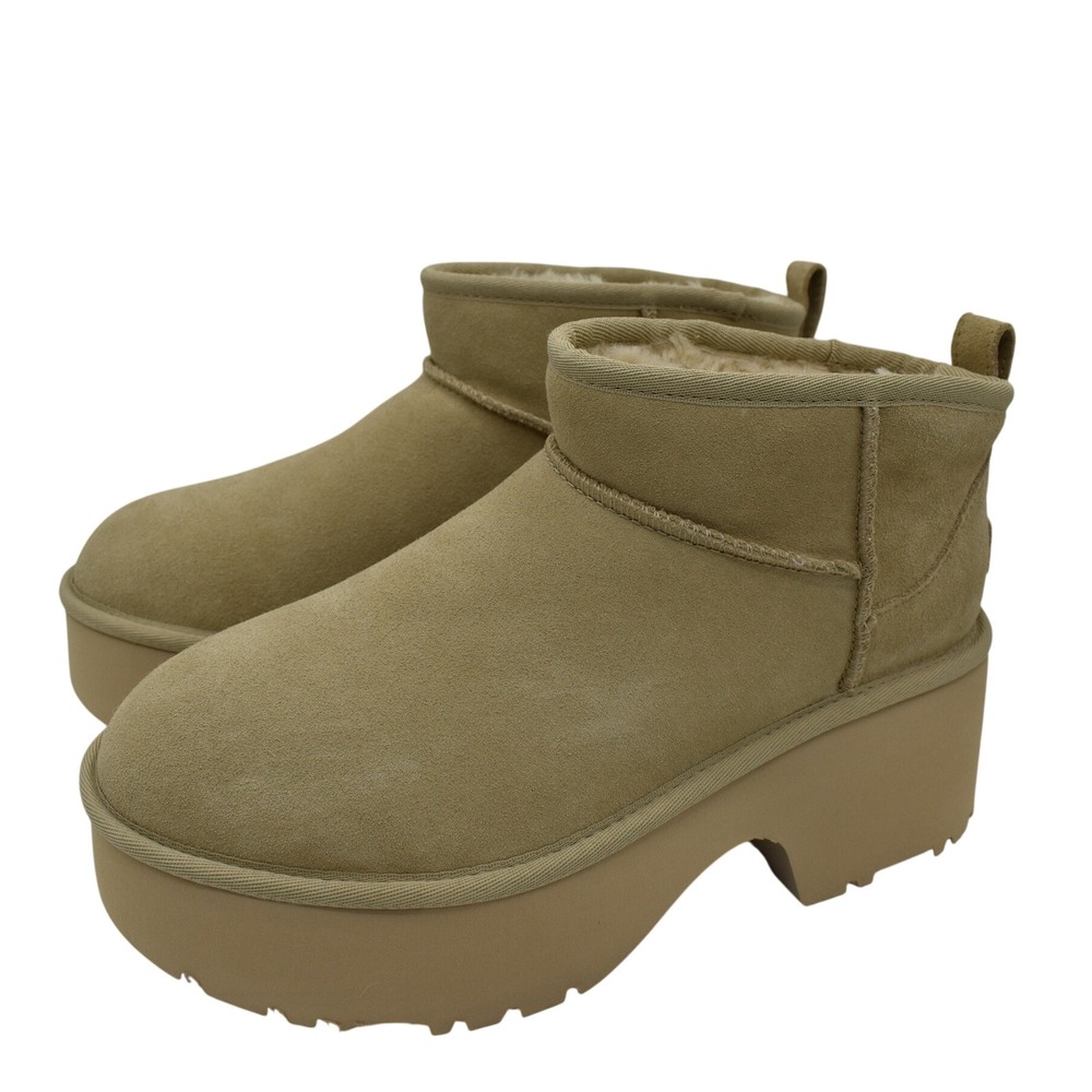 UGG Classic Women 10 Ultra Mini New Heights Tan Suede Wool Platform Boot Booties